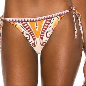 Agua Bendita Cream Tie-Side Bikini Bottom with Orange & Red Print